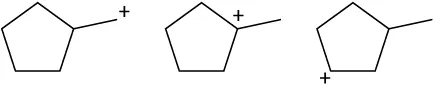 Cyclopentane bonded to methyl with positive charge on it, cyclopentane with a positive charge at C1 bonded to methyl, and cyclopentane with a positive charge bonded to methyl group.