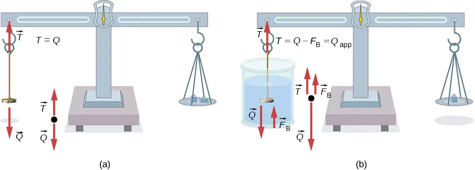 Ilustracja A zawiera rysunek monety w powietrzu ważonej na wadze szalkowej. Dwa odważniki użyte są do zrównoważenia wagi monety. Ilustracja B przedstawia tę samą monetę zanurzoną w wodzie ważoną na wadze szalkowej. Jeden odważnik jest użyty do zrównoważenia wagi monety.