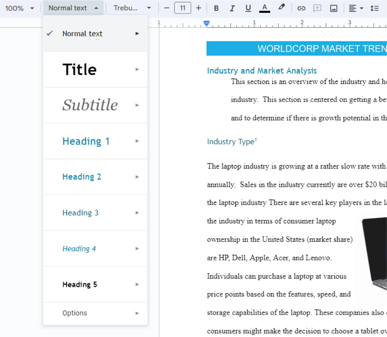 Styles button opens to options for Normal text, Title, Subtitle, Heading 1, Heading 2, Heading 3, Heading 4, Heading 5, and Options. The document displays different text and header styles and fonts.
