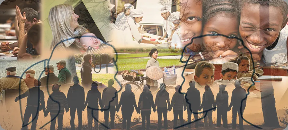 An illustration shows the outlines of two human heads facing toward one another, with several photographs of people spread across the background.