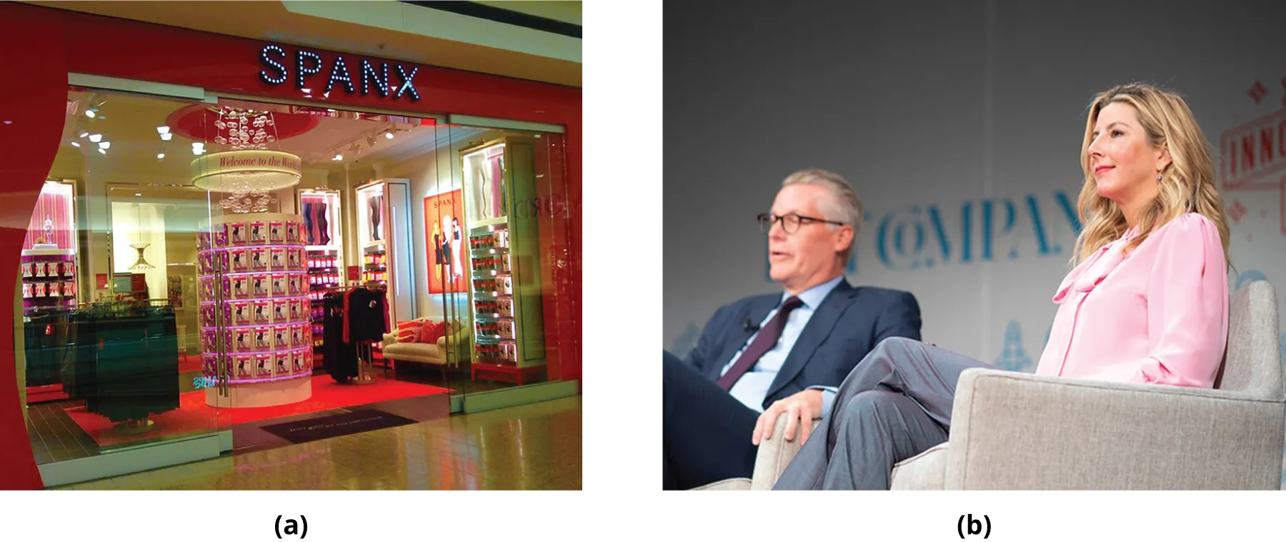 Photo (a) shows a Spanx retail store. Photo (b) shows Sara Blakely speaking at an event.