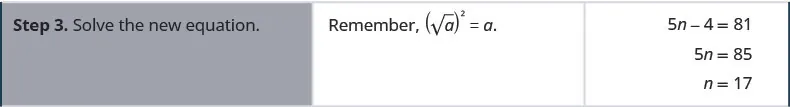 Step 3 is to solve the new equation. We get 5 n equals 85 and then n equals 17.