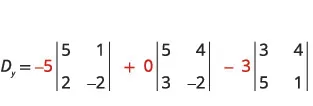 An equation for D_y is shown, calculating its value using a sum of three terms. Each term involves a scalar coefficient multiplied by a 2x2 determinant, with coefficients -5, +0, and -3.
