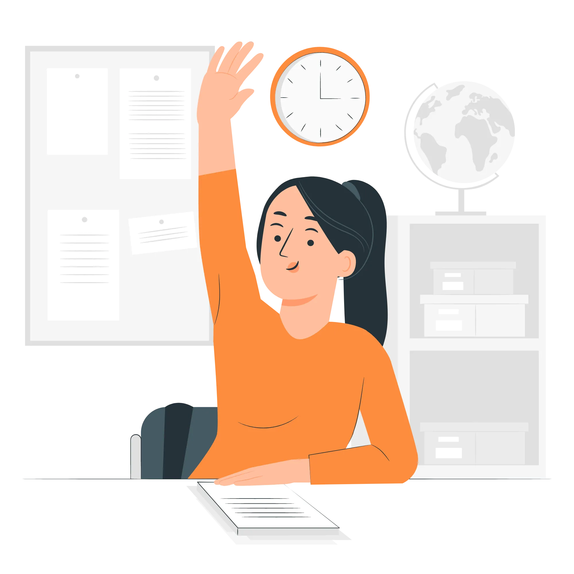 A person with long dark hair raises their hand while sitting at a desk with papers. Behind them are a clock, a bulletin board, a shelf with boxes, and a globe.