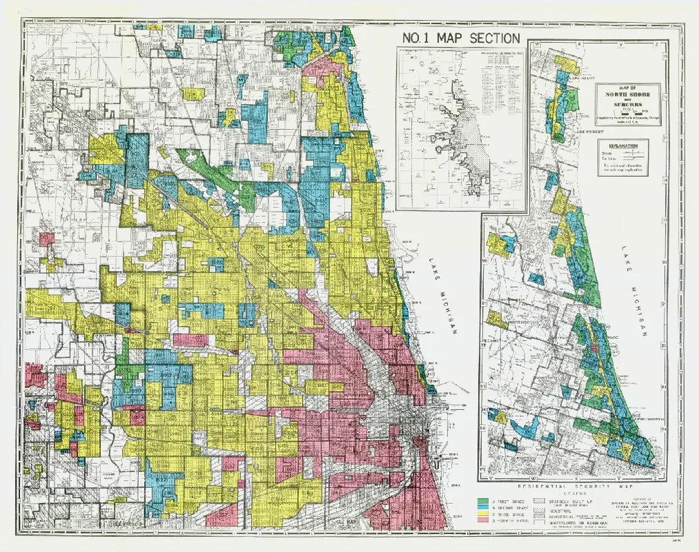 A map of Chicago shows different sections highlighted in red, yellow, green, or blue.