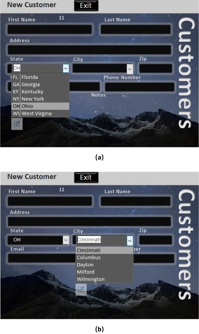 (a) A Customers window lists options for selection (State abbreviation and State name) in the State drop-down. (b) A Customers window lists options for selection in the City drop-down.