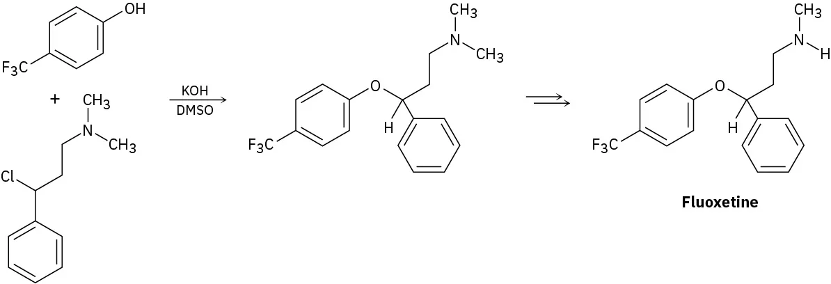 4-trifluoromethylphenol reacts with an alkyl chloride with phenyl and amine groups in potassium hydroxide and D M S O to produce fluoxetine through a series of steps.