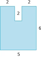 A geometric shape is shown. It is a U-shape. The base is labeled 5, the height 6. The horizontal and vertical lines at the top are labeled 2.