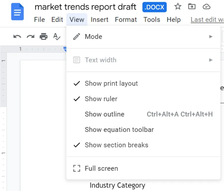 Google Doc is open. View tab is selected with options: Mode, Text Width, Show print layout (selected), Show ruler (selected), Show outline, Show equation toolbar, Show selection breaks (selected), and Full screen.