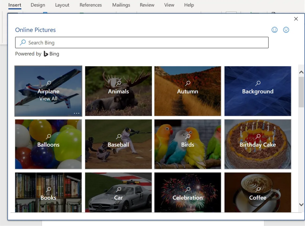 Online Pictures window displays Search Bar and thumbnails of various image categories (i.e, Airplane, Animals, Autumn, Background, Balloons, Baseball, Birds, Birthday Cake, Books, Car, Celebration, and Coffee).