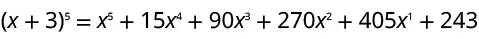 The image shows the mathematical equation representing the binomial expansion of (x+3) to the power of 5, which is equal to x^5 + 15x^4 + 90x^3 + 270x^2 + 405x^1 + 243.
