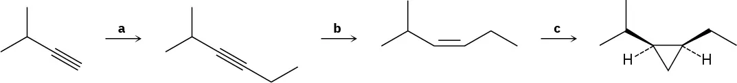 A C5 terminal alkyne reacts with reagent  a to add an ethyl group at C1, forming a cis alkene via reagent b and a substituted cyclopropane ring  with reagent c.