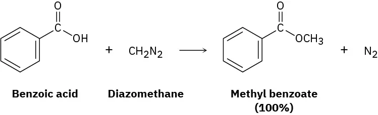 The reaction of benzoic acid and diazomethane gives methyl benzoate and molecular nitrogen.
