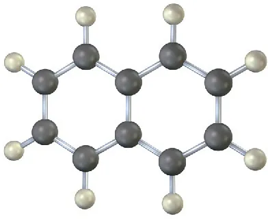 The ball and stick model of naphthalene.