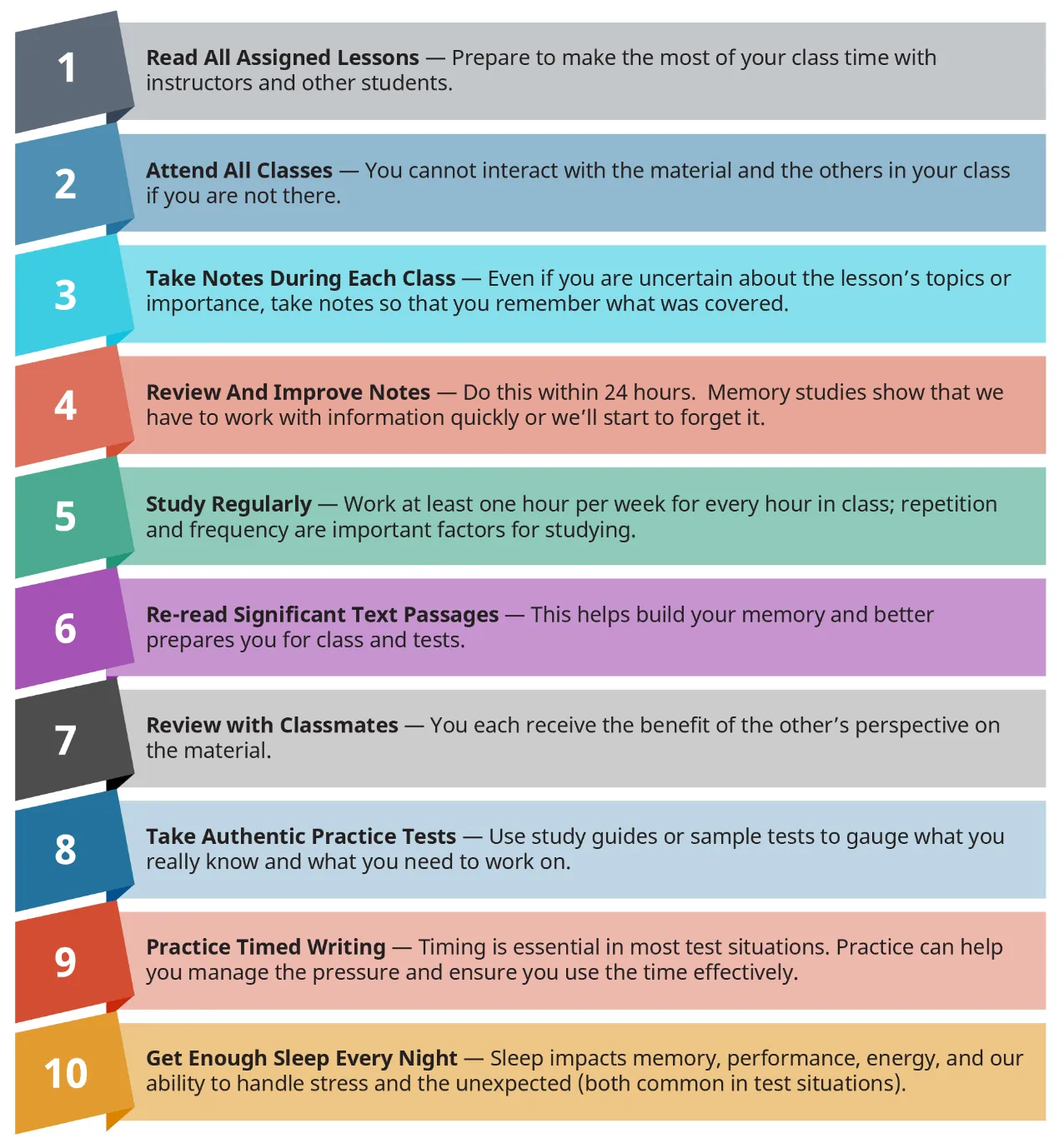 An infographic outlining 10 essential tips for student success, including reading lessons, attending classes, taking notes, studying regularly, and getting enough sleep.