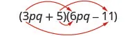 The product of two binomials, 3 p q plus 5 and 6 p q minus 11. An arrow extends from 3 p q in the first binomial to 6 p q in the second binomial. A second arrow extends from 3 p q in the first binomial to minus 11 in the second binomial. A third arrow extends from 5 in the first binomial to 6 p q in the second binomial. A fourth arrow extends from 5 in the first binomial to minus 11 in the second binomial.