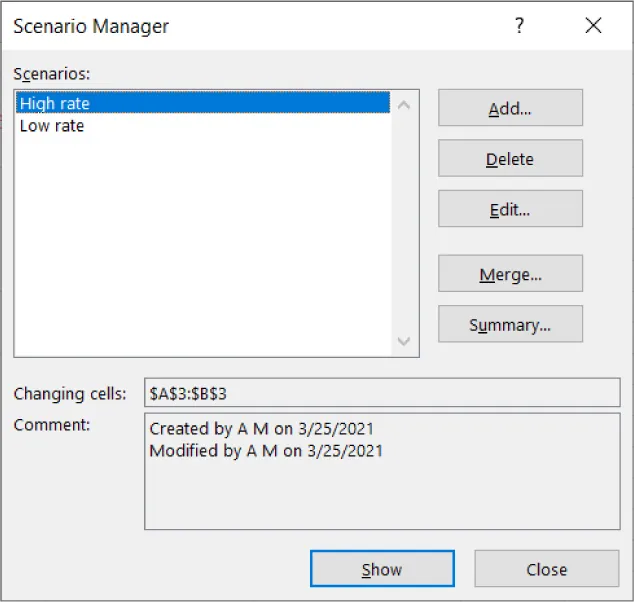 Scenario Manager pane displays selected options: Scenarios (High rate, Low rate). Add, Delete, Edit, Merge, Summary buttons visible. Changing cells: ($A$3:$B$3), Comment: (Created by AM on 3/25/2021, Modified by AM on 3/25/2021).
