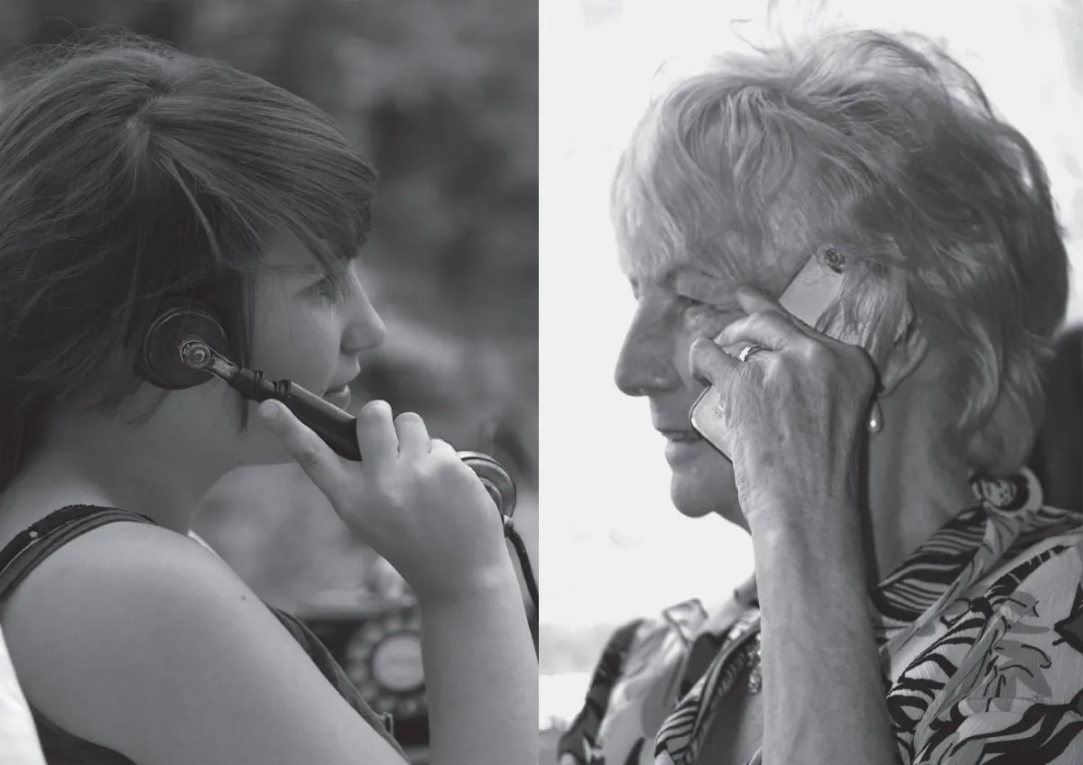 Photographs of younger woman and older woman speaking on telephones