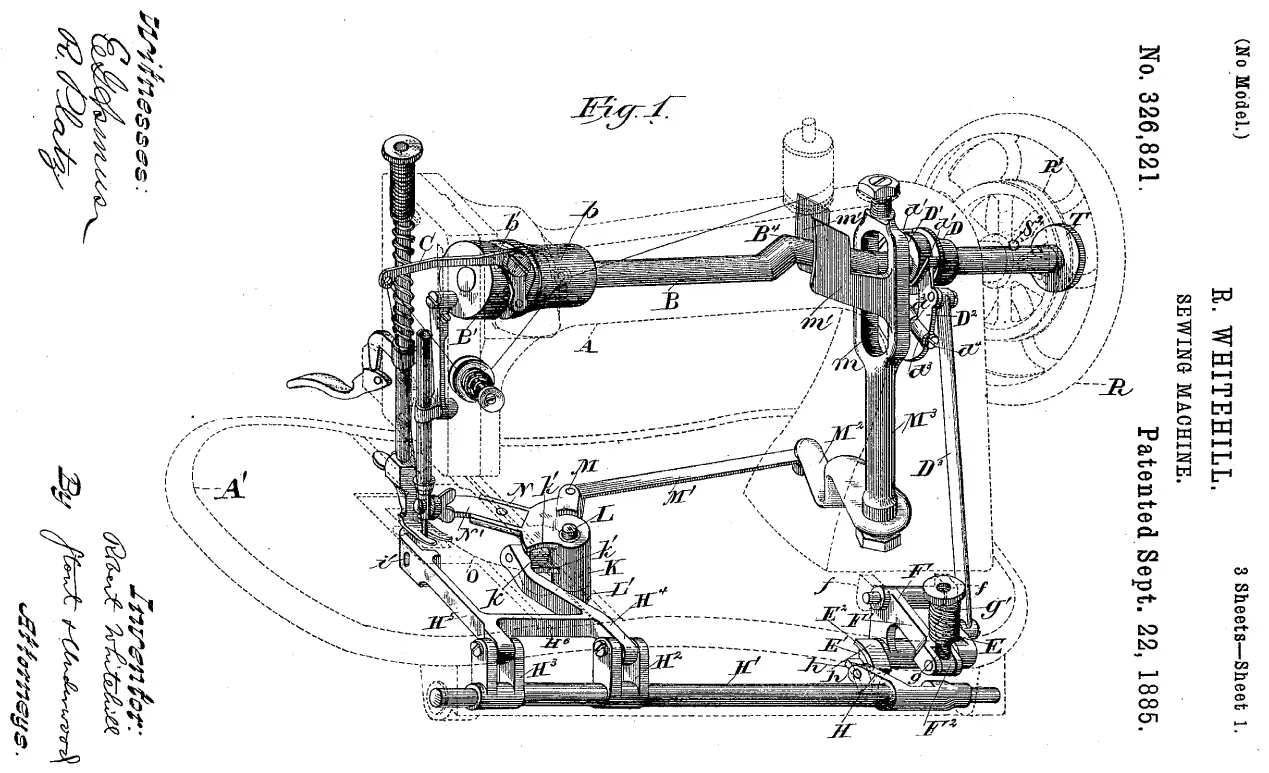 Portion of a sewing machine patent drawing showing a wheel, axels, and connecting rods.