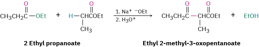 The Claisen condensation of two equivalents of ethyl propanoate with sodium ethoxide followed by hydronium yields ethyl-2-methyl-3-oxopentanoate (a beta-keto ester), and ethanol.