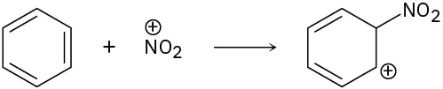 Benzene reacts with nitronium cation to form nitrocyclohexa-2,4-diene with a cation on C 6.
