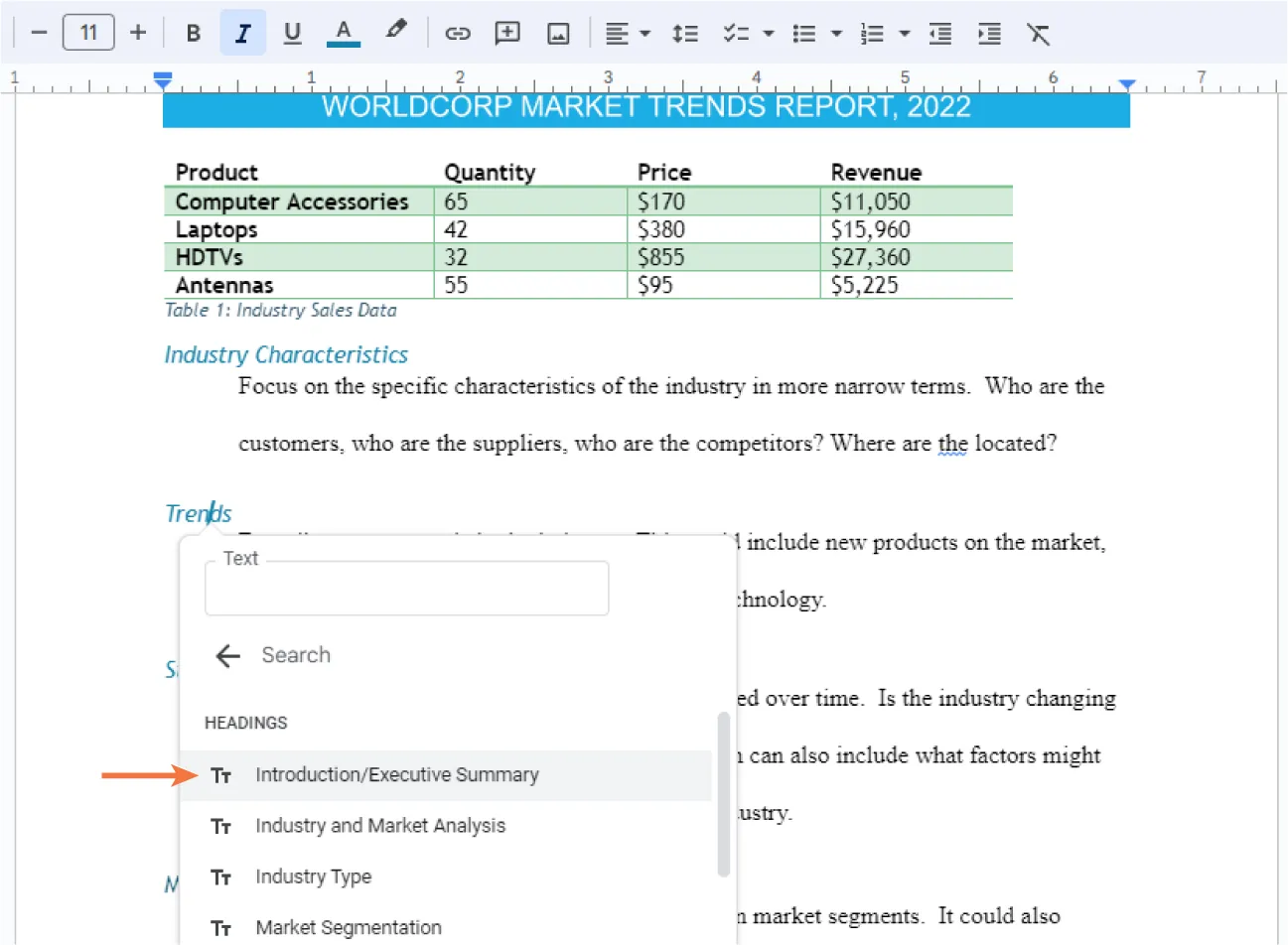 A Google Docs document with header, tables, and text (including heading) is visible. A Text window lists a Search feature and Headings for the document (first heading is highlighted - Introduction/Executive Summary).