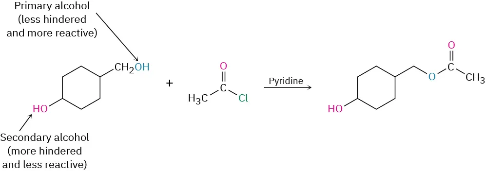 The reaction of 4-(hydroxymethyl)cyclohexanol with acetyl chloride in pyridine, giving the product  where a methyl acetate group is attached to a 4-hydroxycyclohexane ring. The primary alcohol group of the starting material reacts and not the secondary alcohol group.