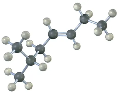 A ball-and-stick model that has a 7-carbon chain. C2 is bonded to a methyl group. C4 is double bonded to C5.