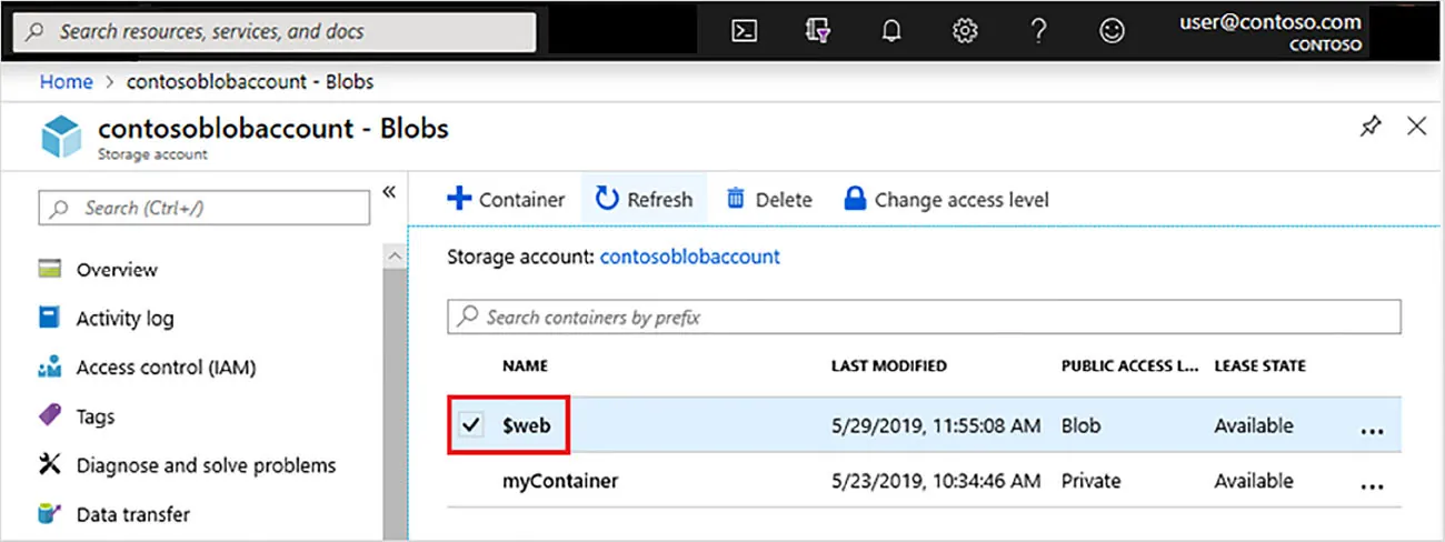 Screenshot of web interface for an Azure storage account container (VBlobs) accessible via the Azure object storage service’s web console.
