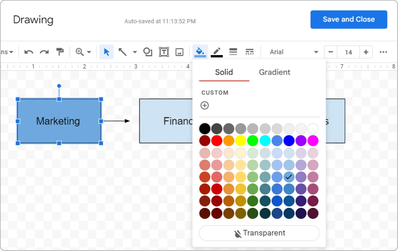 In Drawing pane, Fill color is selected and opens to a Solid tab with a display of colors. The first box in the Drawing pane is now a dark blue color.