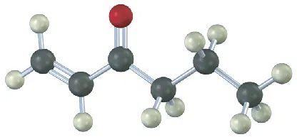 The ball-and-stick model shows a six-carbon chain. The first carbon is double-bonded to second carbon. Third carbon is a carbonyl. Black, gray, and red spheres represent carbon, hydrogen, and oxygen, respectively.