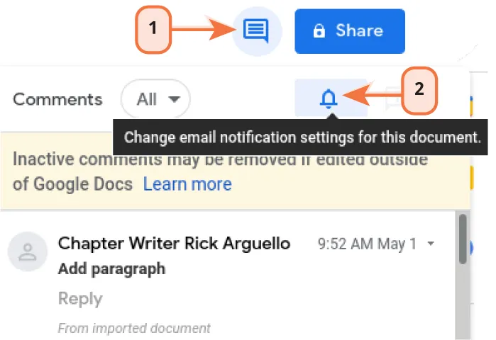 An icon for Open comment history is labeled with a number 1. A bell icon for Change email notification settings for this document is labeled with a number 2.