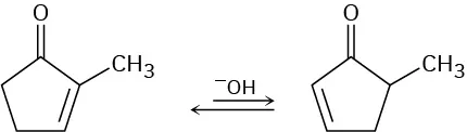 2-methyl-2-cyclopenten-1-one reacts with a base to yield 5-methyl-2-cyclopenten-1-one.