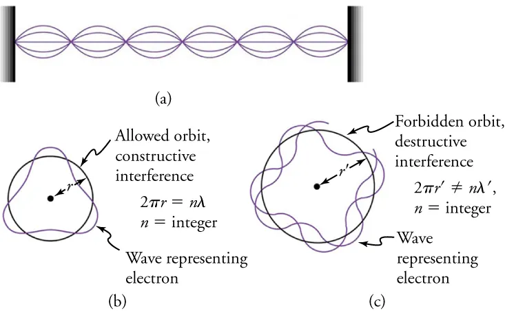 Part (a) shows standing waves on a string. With wave representing an electron parts (b) and (c) show allowed orbit (constructive interference) and forbidden orbit (destructive interference) respectively. The figure also shows equations—constructive interference occurs when 2πr=nλ where r is orbit radius and n is an integer and destructive interference occurs when 2πr’≠nλ’ where r’ is orbit radius and n is an integer.