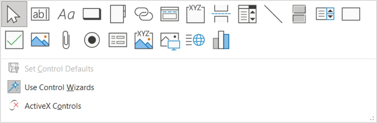 Various icons displayed (arrow, lowercase abl, italicized Aa, rectangle, tabbed file, two linked ovals, slanted line, white box, green checkmark, bar graph); and Set Control Defaults, Use Control Wizards, ActiveX Controls.