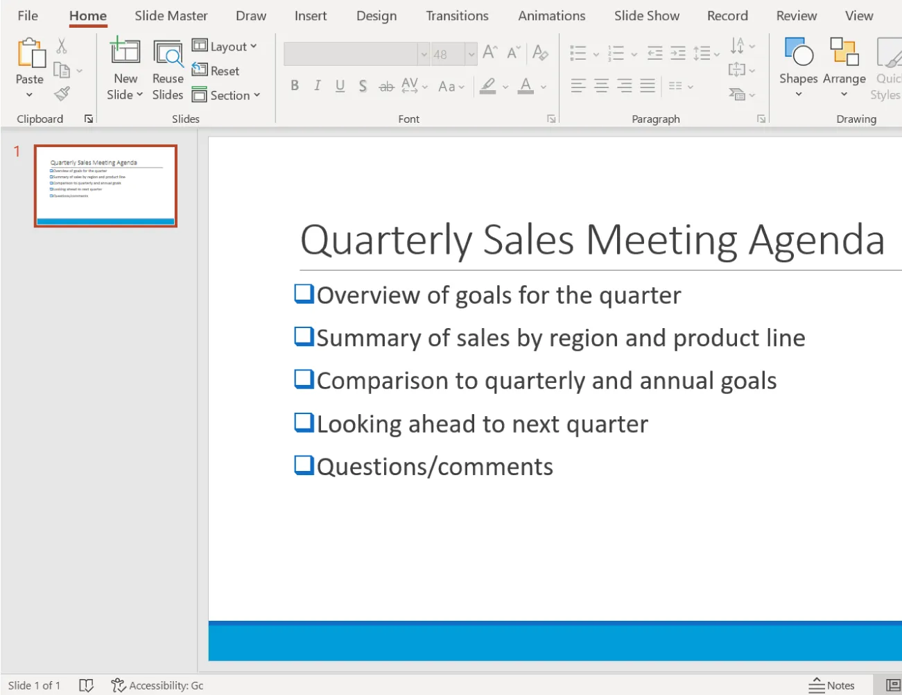 Screenshot of a presentation slide with the heading Quarterly Sales Meeting Agenda followed by a bulleted list of agenda items, such as quarterly goals, sales summaries, and questions and comments.