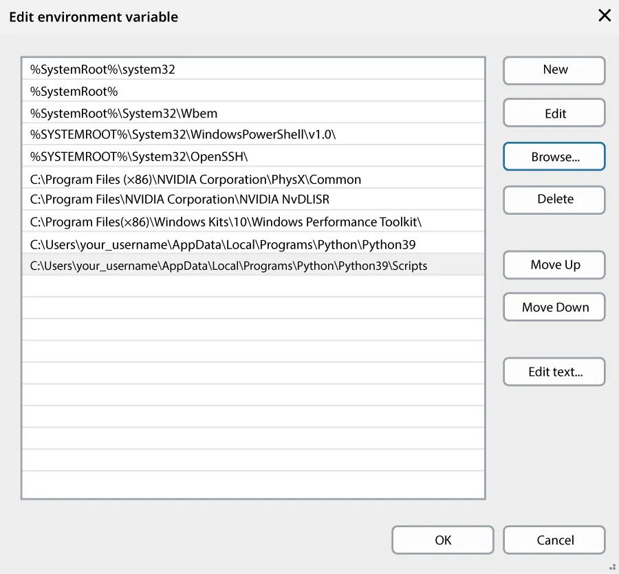 Edit environment variable window shows adding Python and its Scripts folders.