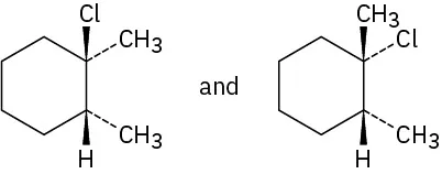 First structure has cyclohexane ring with wedge bonded chlorine, dash bonded methyl at C1, and dash bonded methyl at C2. In second structure, wedge and dash bonds interchange at C1.