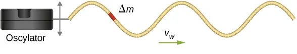 Po lewej stronie rysunku znajduje sie pudełko, oznaczone jako oscylator. Struna jest połączona z oscylatorem, wzdłuz struny powstaje fala poprzeczna, która rozchodzi się na prawo z prędkością v subscript w. Zaznaczono fragment struny o długości delta m.