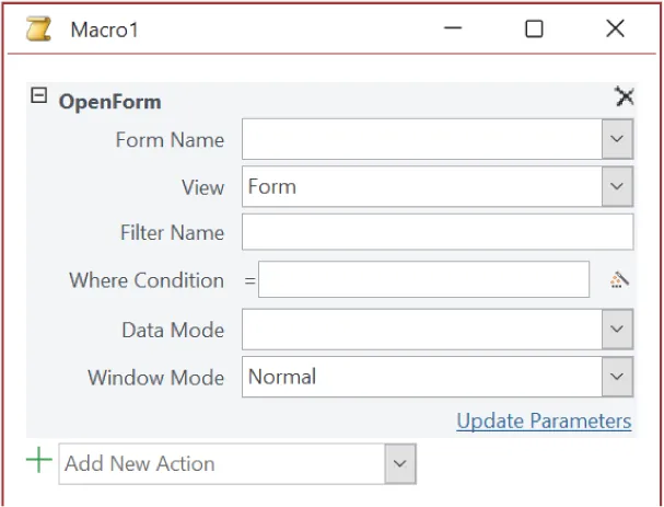 Macro1 file visible. OpenForm category lists fields for: Form Name, View, Filter Name, Where Condition=, Data Mode, and Window Mode. Add New Action button at bottom and hyperlinked Update Parameters option available.