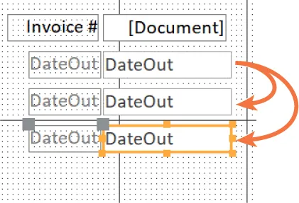 A screenshot of three DateOut text boxes being pasted into a document, one right under the other. Arrows point from the first one to the second and third ones.