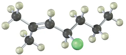 The ball and stick model of an alkyl halide that comprises a seven-carbon chain and one double bond. Black, gray, and green spheres represent carbon, hydrogen, and chlorine, respectively.