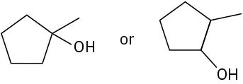 The structures of 1-methylcyclopentanol and 2-methylcyclopentanol, separated by or.