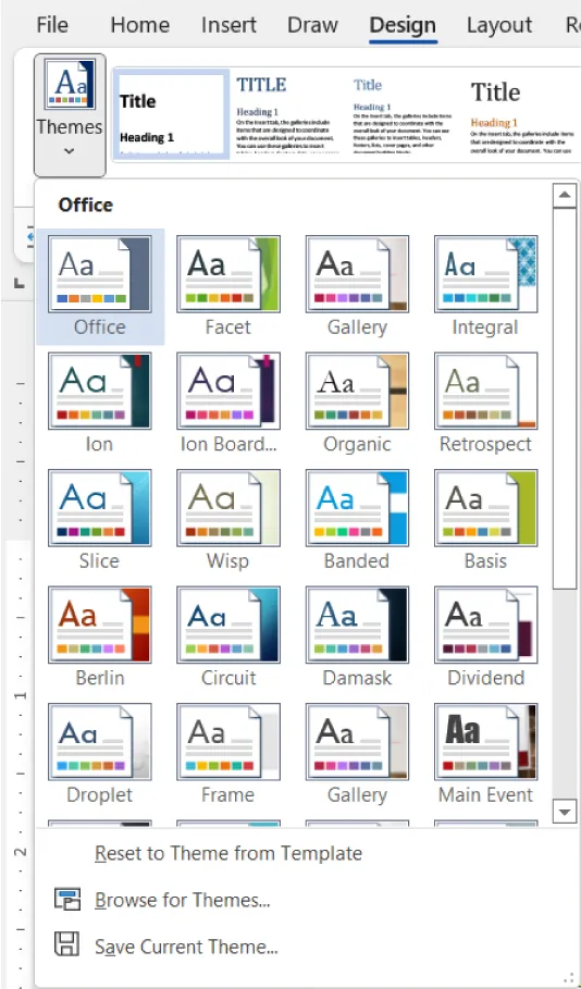 Themes button is selected from Design tab. Pane with various color palettes for selection is open, followed by options for Reset to Theme from Template, Browse for Themes, and Save Current Theme.
