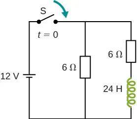 12 woltowa bateria połączona jest z 6 omowym opornikiem i przełącznikiem S, który pozostaje otwarty w czasie t=0. Połączenie równoległe z 6 omowym opornikiem i innym 6 omowym opornikiem oraz z cewką indukcyjną o indukcyjności 24 henrów. 