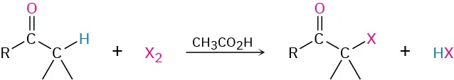 A carbonyl group reacts with a haolgen in acetic acid to form an alpha halo carbonyl compound and H X as a byproduct.