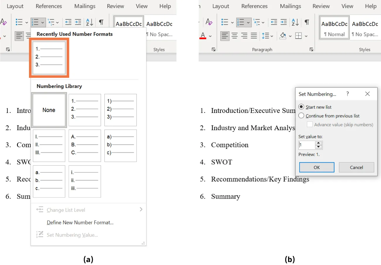 (a) Numbering is selected; options include Recently Used Number Formats, Numbering Library, Change List Level, Define New Number Format, Set Numbering Value. (b) Set Numbering pane shows Start new list selected.