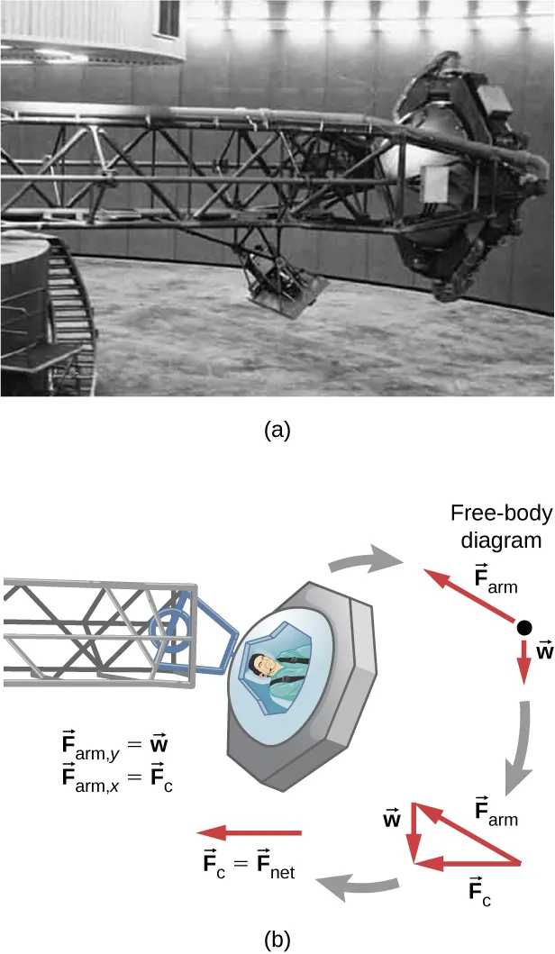 Figure a shows a NASA centrifuge n a big hall. In figure b, there is a girl sitting in the cage of the centrifuge. The centripetal force on the cage is directed toward left. The direction of the weight of the cage is downward and the force on the arm is directed in north-west direction.