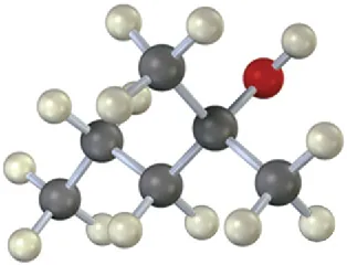 The ball and stick model of a compound with six carbons. Carbon, hydrogen, and oxygen are shown using gray, white and red spheres, respectively.