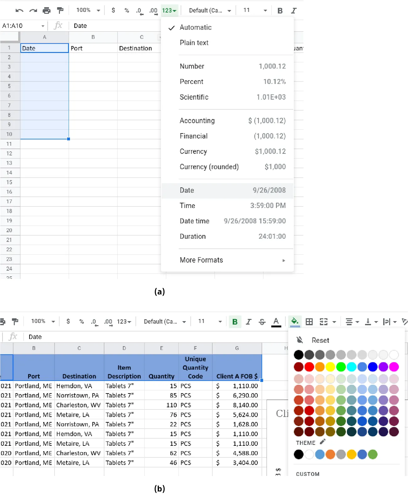 (a) Cells A1-A10 are selected in spreadsheet. 123 icon opens to Automatic option selected. (b) Fill color selected and displays options for Reset, various colors, Theme, Custom. Spreadsheet displays blue header.
